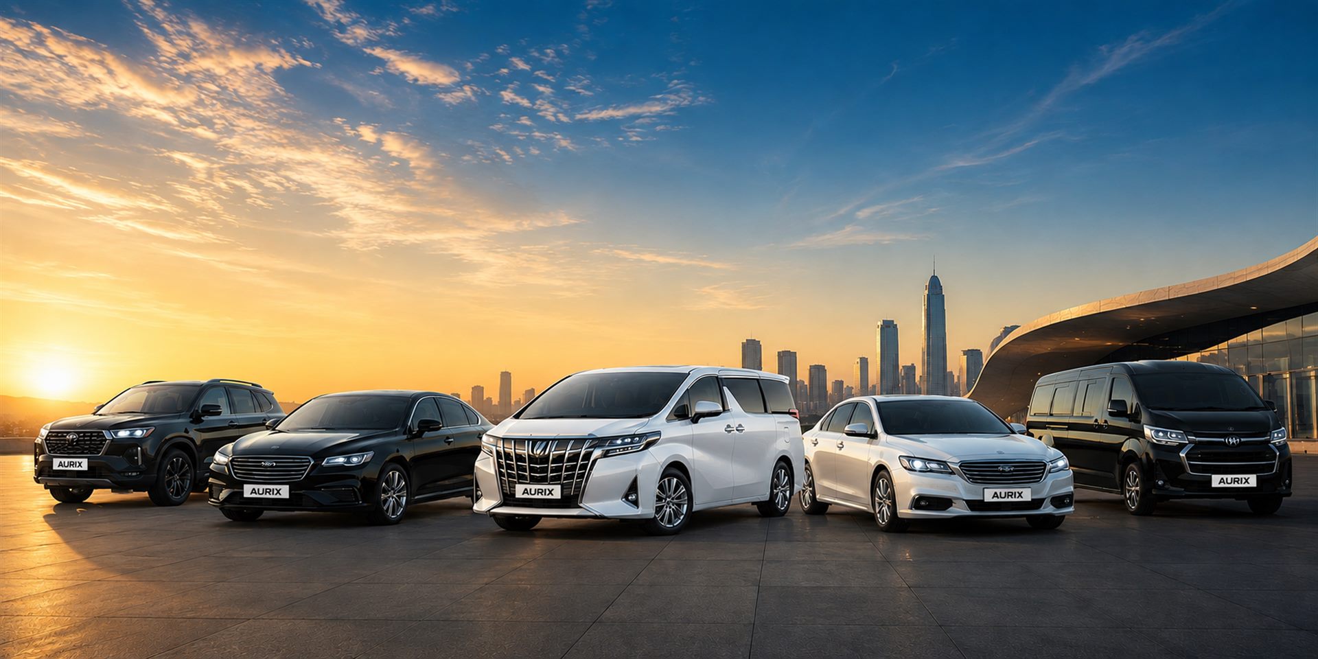 Premium car rental fleet at sunset